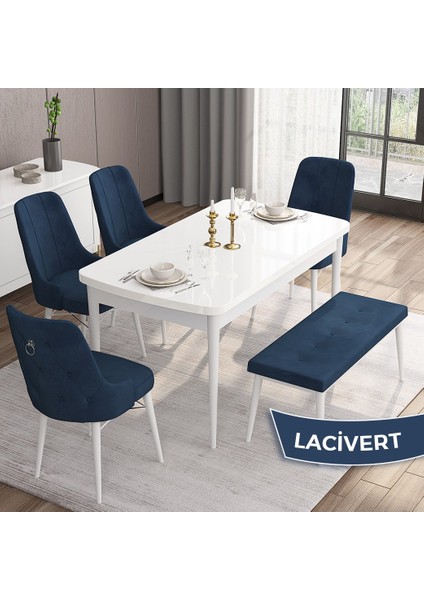 Concept Are Serisi 80 x 132 cm Mdf Beyaz Mutfak Masa Takımı 4 Sandalye Gümüş Halkalı ve 1 Bench