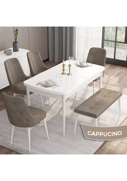 Concept Are Serisi 80 x 132 cm Mdf Beyaz Mutfak Masa Takımı 4 Sandalye Gümüş Halkalı ve 1 Bench