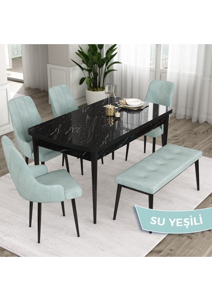 Concept Ram Serisi 80 x 132 cm Mutfak Masa Takımı Siyah Mermer Desen Masa 4 Sandalye ve 1 Bench