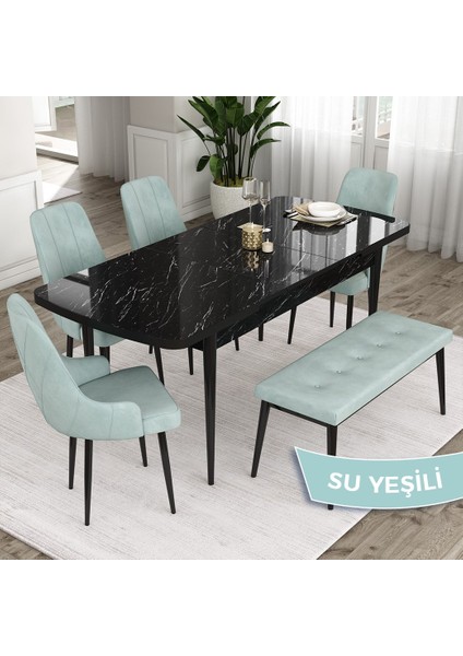 Concept Ram Serisi 80 x 132 cm Mutfak Masa Takımı Siyah Mermer Desen Masa 4 Sandalye ve 1 Bench fiyatları