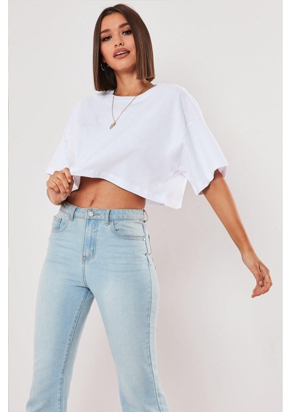 Beyaz %100 Pamuk Bisiklet Yaka Oversize Crop TShirt