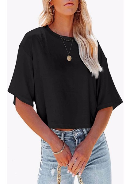 %100 Pamuk Süprem Yuvarlak Yaka Düşük Omuz Basic Crop TShirt