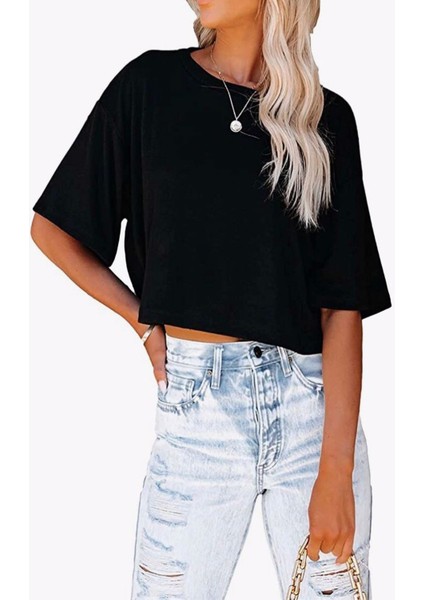%100 Pamuk Süprem Yuvarlak Yaka Düşük Omuz Basic Crop TShirt fiyatları