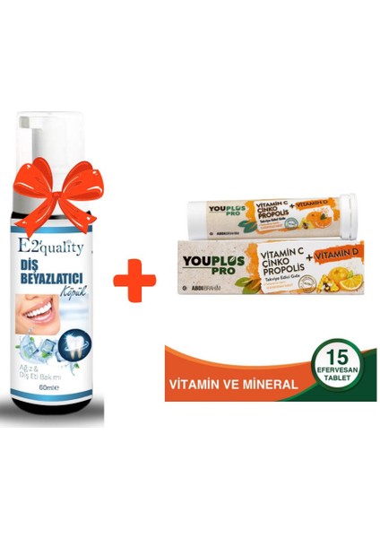 E2'quality Diş Beyazlatıcı Köpük + Youplus Pro Vitamin C Çinko Propolis Takviye Edici Gıda 15 Tablet