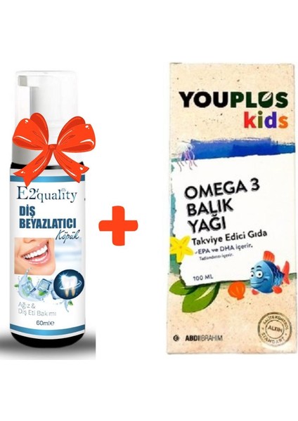 E2'quality Diş Beyazlatıcı Köpük + Youplus Kids Omega-3 Balık Yağı Takviye Edici Gıda 100 ml