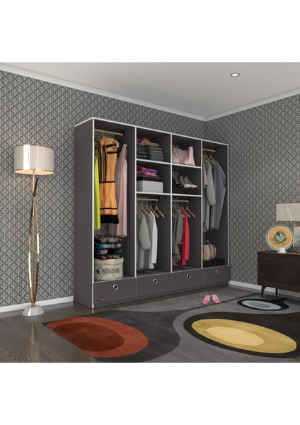 Kenzlife giysi dolabı 4 bölmeli 4 çekmeceli kamil 182*200*42 gri dolap kapaksız