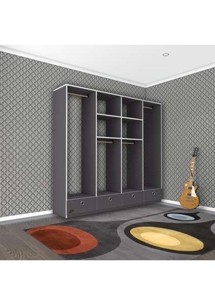 Kenzlife giysi dolabı 4 bölmeli 4 çekmeceli kamil 182*200*42 gri dolap kapaksız