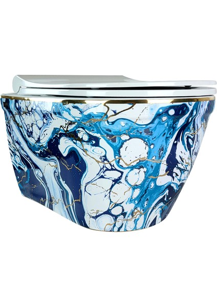 Pure Ebru Mavı Altın Kanalsız Asma Klozet WH-131+SOFT Kapak