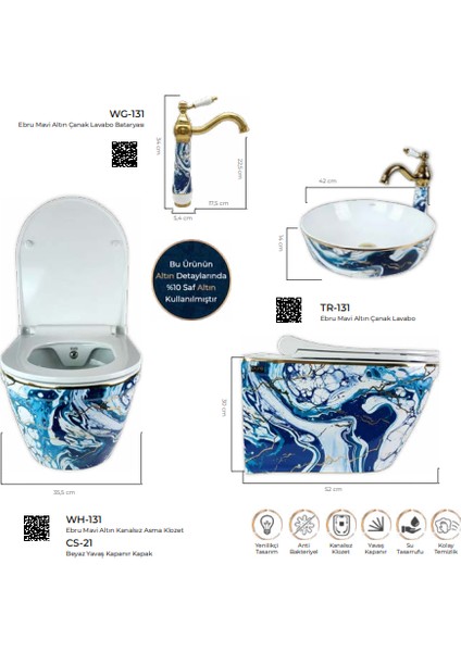 Pure Ebru Mavı Altın Kanalsız Asma Klozet WH-131+SOFT Kapak fiyatları