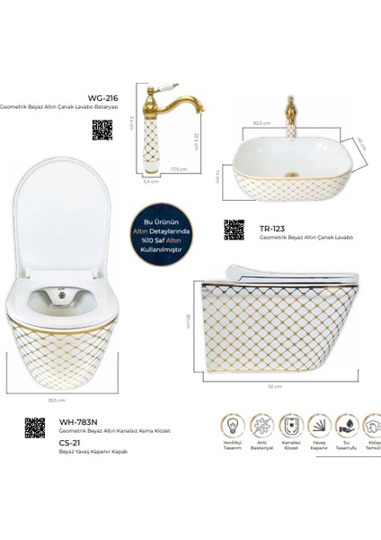 Pure Geo. Beyaz Altın Kanalsız Asma Klozet WH-783N+SOFT Kapak fiyatları