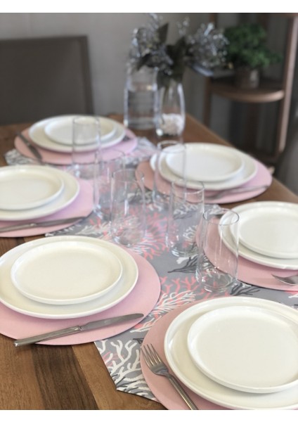 Desenizmir Amerikan Servis Pembe Mercan Desen Takım 6 Supla ve Runner Örtü Kombin 1