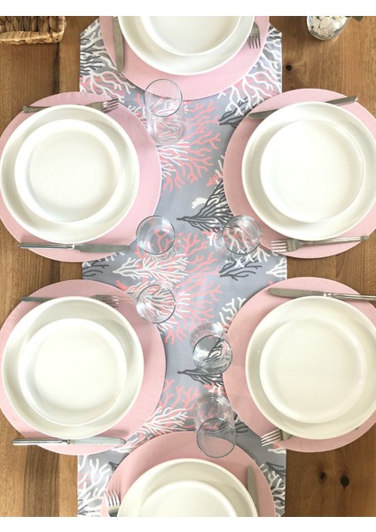 Desenizmir Amerikan Servis Pembe Mercan Desen Takım 6 Supla ve Runner Örtü Kombin 1