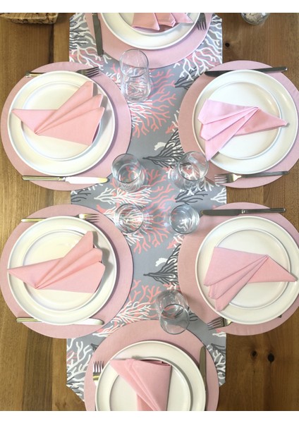 Desenizmir Amerikan Servis Pembe Mercan Desen Takım 6 Supla, 6 Kumaş Peçete ve Runner Örtü Kombin 3