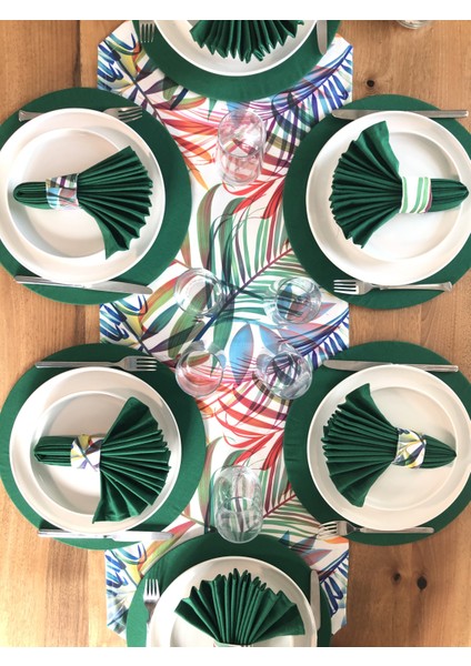 Desenizmir Amerikan Servis Renkli Yaprak Desen Takım 6 Supla, 6 Kumaş Peçete, 6 Peçete Halkası ve Runner Örtü Kombin 4