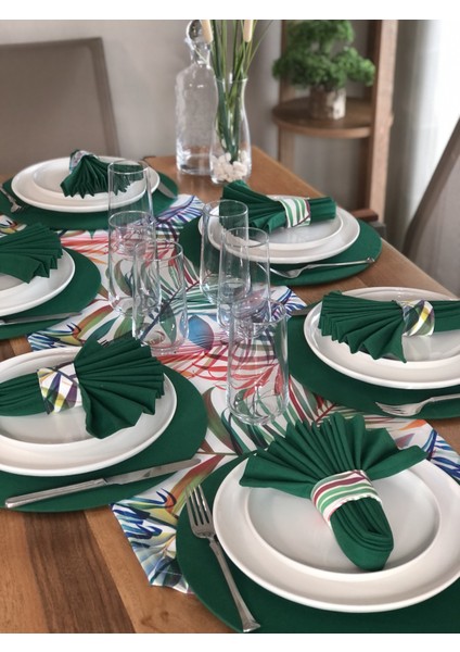 Desenizmir Amerikan Servis Renkli Yaprak Desen Takım 6 Supla, 6 Kumaş Peçete, 6 Peçete Halkası ve Runner Örtü Kombin 4