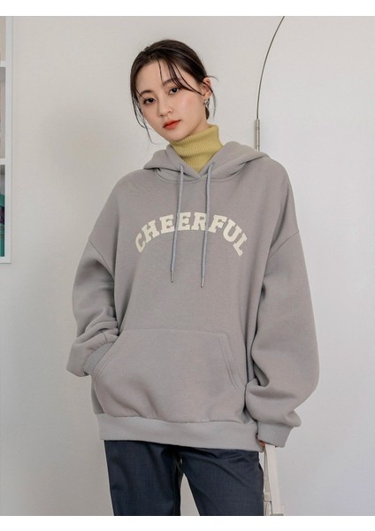 Kadın Cheerful Baskılı Oversize Kapüşonlu Sweatshirt