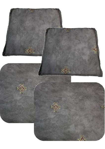 Knsz minder seti 2 li zng&mğr&uslu gri işlemeli kumaş tel bar sandalyesi oturma ve sırt minderi set