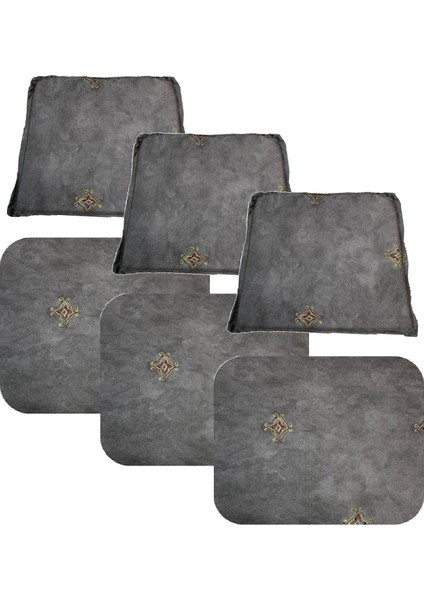 Knsz minder seti 3 lü zng&mğr&uslu gri işlemeli kumaş tel bar sandalyesi oturma ve sırt minderi set