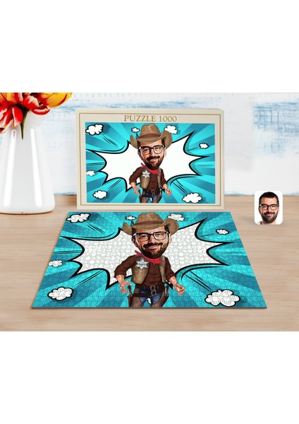 Kişiye Özel Kovboy Karikatürlü 1000 Parça Profesyonel Puzzle-1