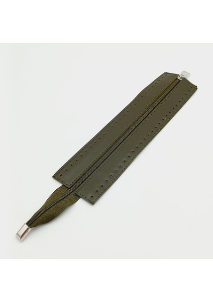 Haki Renk 28 cm Derili Fermuar Gümüş Metalli