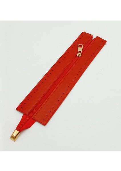 Kırmızı Renk 28 cm Derili Fermuar Light Gold Metalli