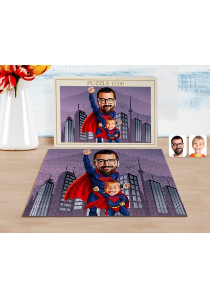 Kişiye Özel Süper Baba ve Çocuk Karikatürlü 1000 Parça Profesyonel Puzzle