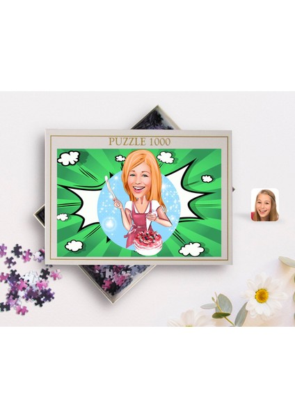 Kişiye Özel Kadın Aşçı Karikatürlü 1000 Parça Profesyonel Puzzle-1