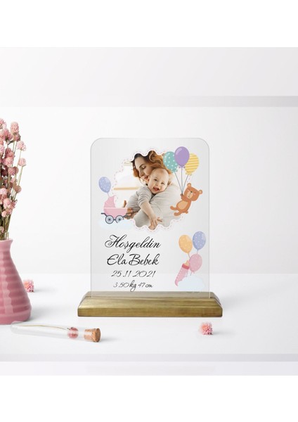 Kişiye Özel Fotoğraflı Hoşgeldin Bebek Tasarımlı Ahşap Standlı Çerçeve Mavi-2
