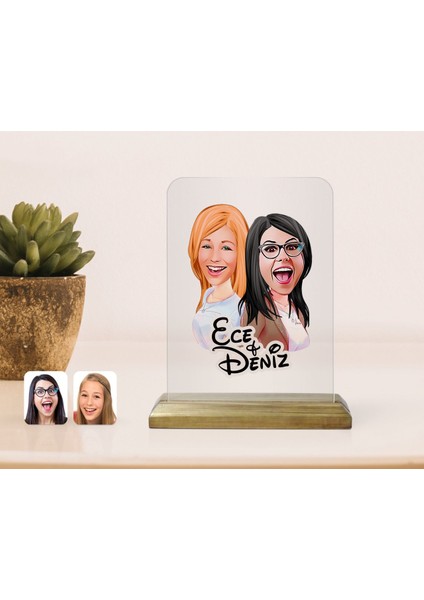 Kişiye Özel Kız Kardeşler Karikatürlü Ahşap Standlı Çerçeve-11