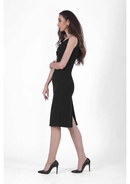 Off-Shoulder Asymetric Black Midi Dress modelleri