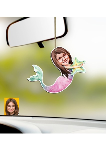 Kişiye Özel Deniz Kızı Karikatürlü Ahşap Araba Dikiz Ayna Süsü