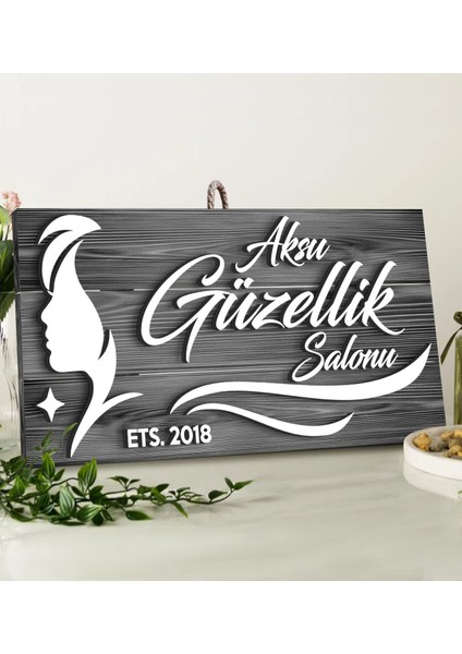 Gift Kişiye Özel Güzellik Salonu Tasarımlı Gri Dekoratif Ahşap Tabela