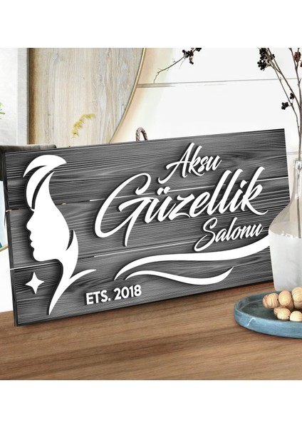 Gift Kişiye Özel Güzellik Salonu Tasarımlı Gri Dekoratif Ahşap Tabela fiyatları
