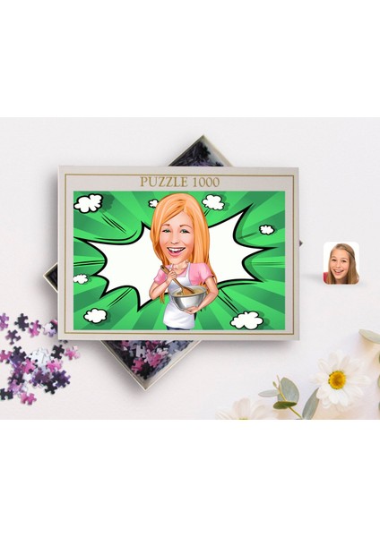 Kişiye Özel Kadın Chef Karikatürlü 1000 Parça Profesyonel Puzzle-1