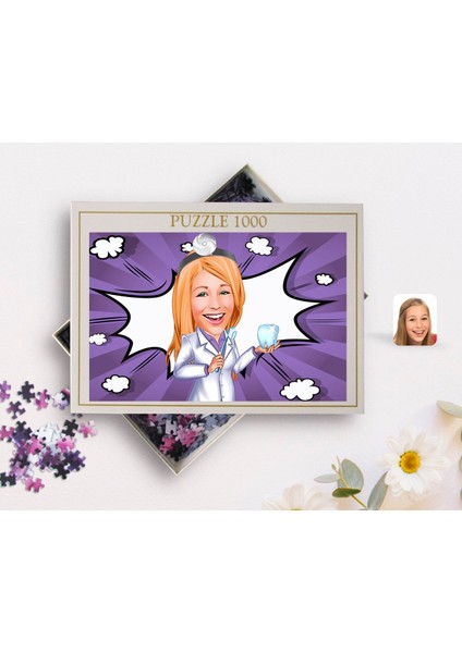 Kişiye Özel Kadın Diş Hekimi Karikatürlü 1000 Parça Profesyonel Puzzle-1 fiyatları