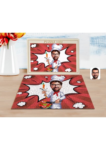 Kişiye Özel Erkek Chef Karikatürlü 1000 Parça Profesyonel Puzzle-1