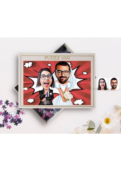 Kişiye Özel Sevgililer Karikatürlü 1000 Parça Profesyonel Puzzle-16