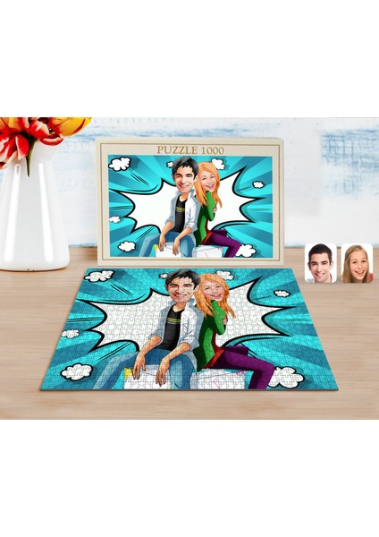 Kişiye Özel Sevgililer Karikatürlü 1000 Parça Profesyonel Puzzle-35