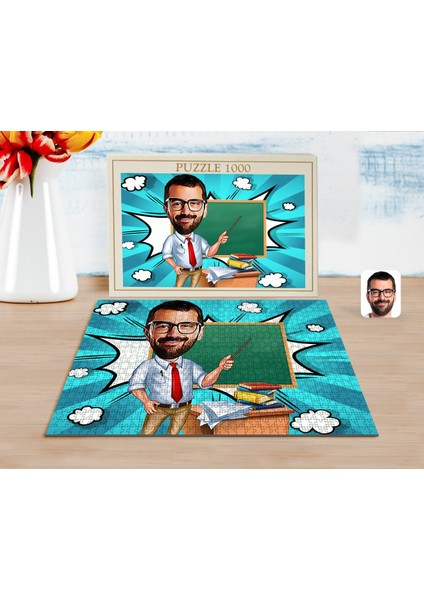 Kişiye Özel Erkek Öğretmen Karikatürlü 1000 Parça Profesyonel Puzzle-1