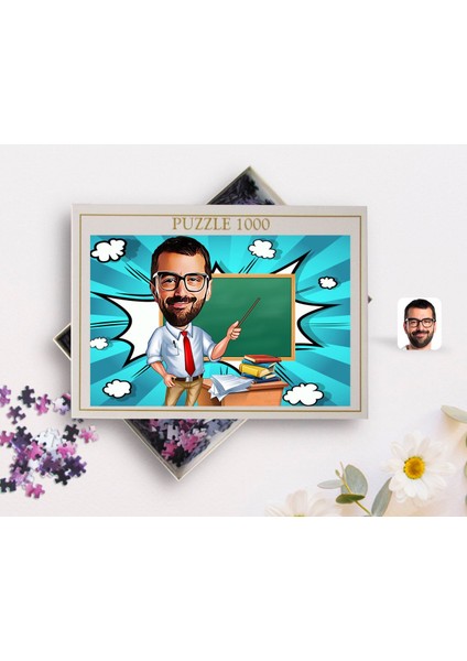 Kişiye Özel Erkek Öğretmen Karikatürlü 1000 Parça Profesyonel Puzzle-1 fiyatları