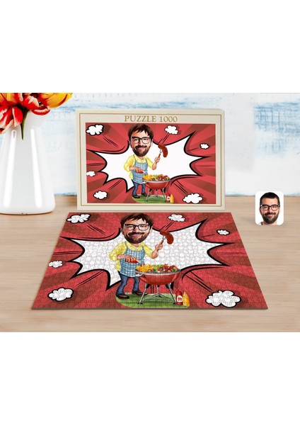 Kişiye Özel Erkek Mangalcı Karikatürlü 1000 Parça Profesyonel Puzzle-1