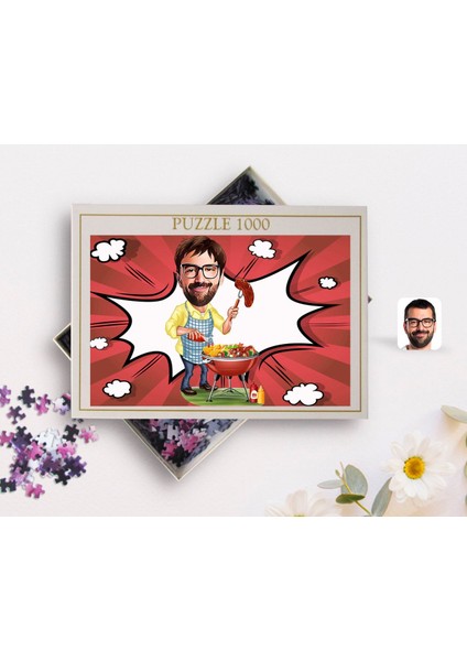 Kişiye Özel Erkek Mangalcı Karikatürlü 1000 Parça Profesyonel Puzzle-1