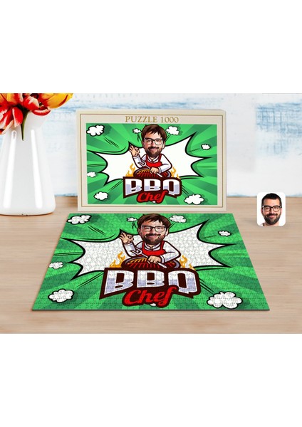 Kişiye Özel Erkek Barbekü Chef Karikatürlü 1000 Parça Profesyonel Puzzle-1