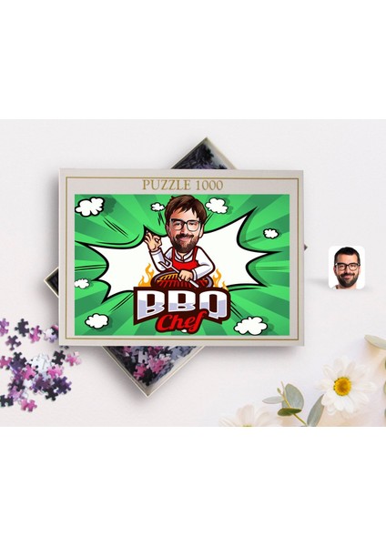 Kişiye Özel Erkek Barbekü Chef Karikatürlü 1000 Parça Profesyonel Puzzle-1