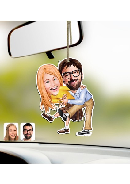 Kişiye Özel Sevgililer Karikatürlü Ahşap Araba Dikiz Ayna SÜSÜ-102