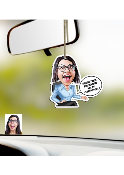 Kişiye Özel Bayan Kolay Yetişmiyor Karikatürlü Ahşap Araba Dikiz Ayna Süsü-2