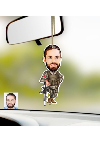 Kişiye Özel Asker Karikatürlü Ahşap Araba Dikiz Ayna Süsü-2