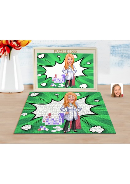 Kişiye Özel Kadın Eczacı Karikatürlü 1000 Parça Profesyonel Puzzle-3