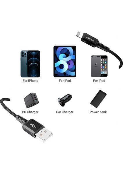 C1-02 Mfı Lightning Apple iPhone Şarj ve Data Kablosu 1.2 Metre Siyah