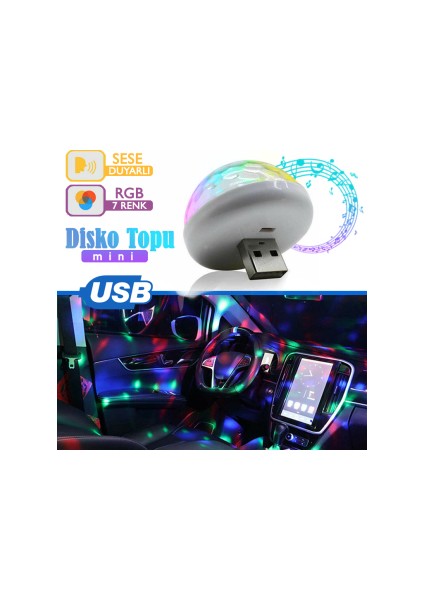 Müziğe ve Sese Duyarlı Micro USB Girişli Araç Içi Mini Disko Topu Parti Android
